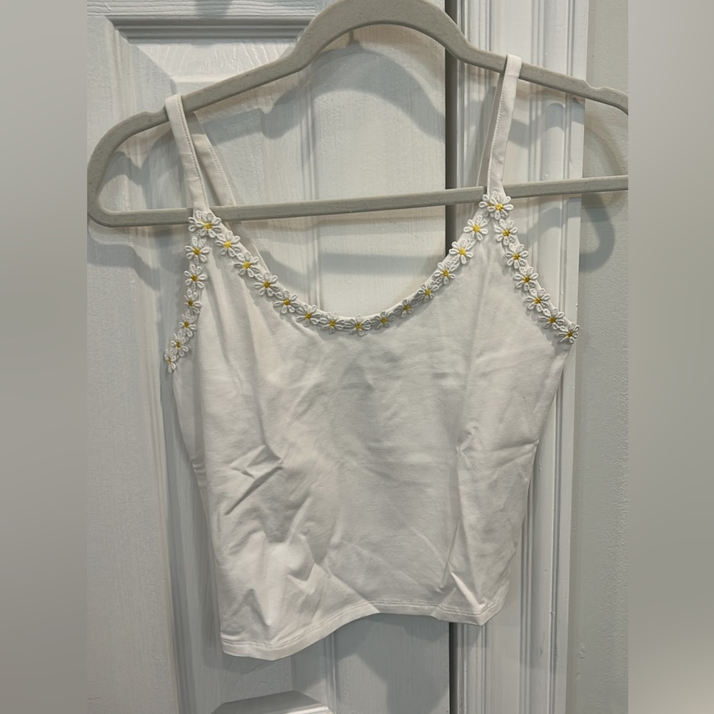 Brand New white tank, with flowers  on seams